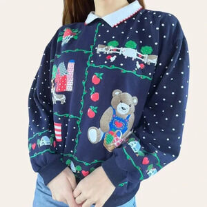 80s/90s Spumoni novelty collared graphic teddy bear sweatshirt X-Large